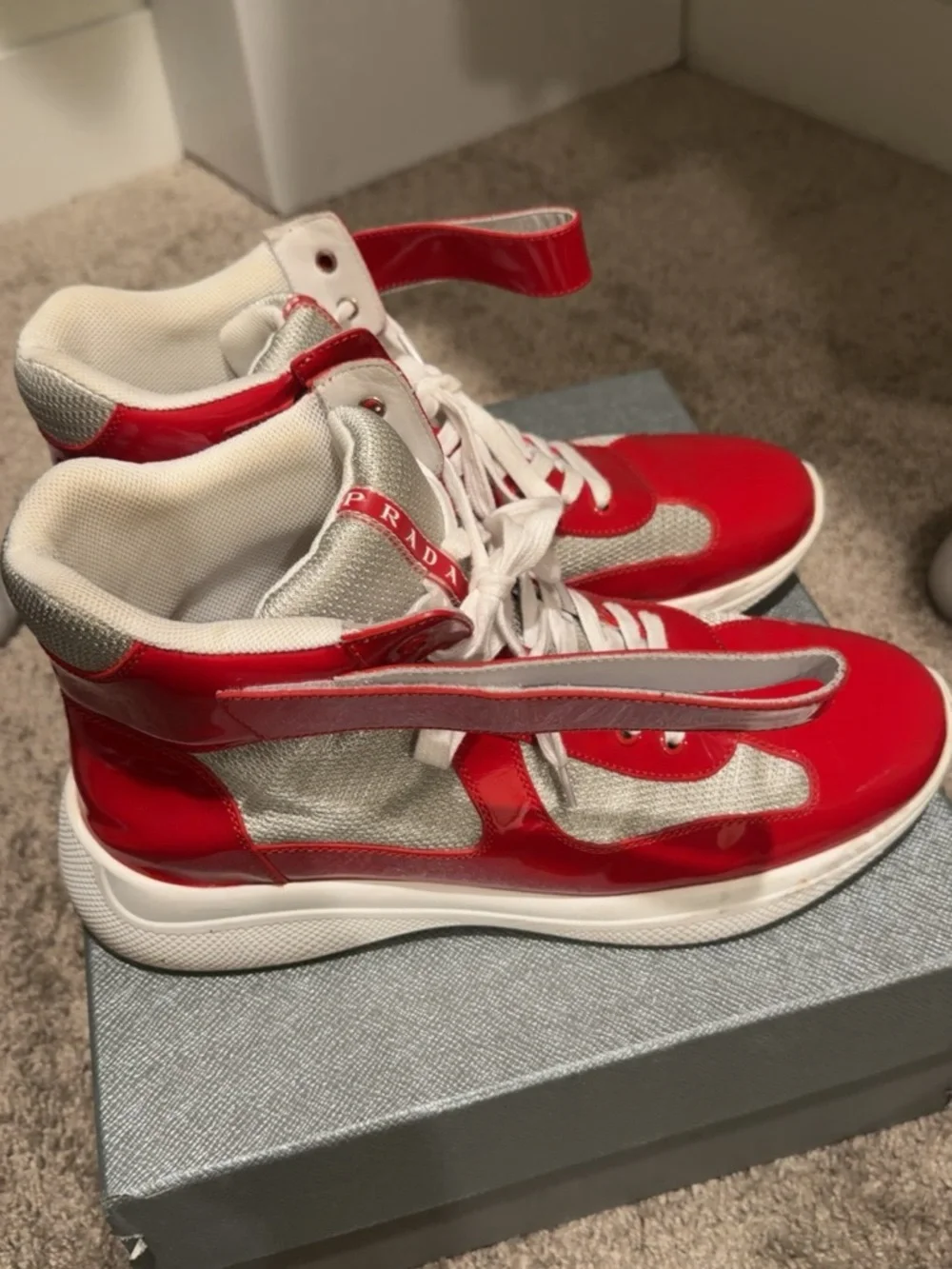 Prada Men Red and White High-Top Sneakers - Picture 5 of 5